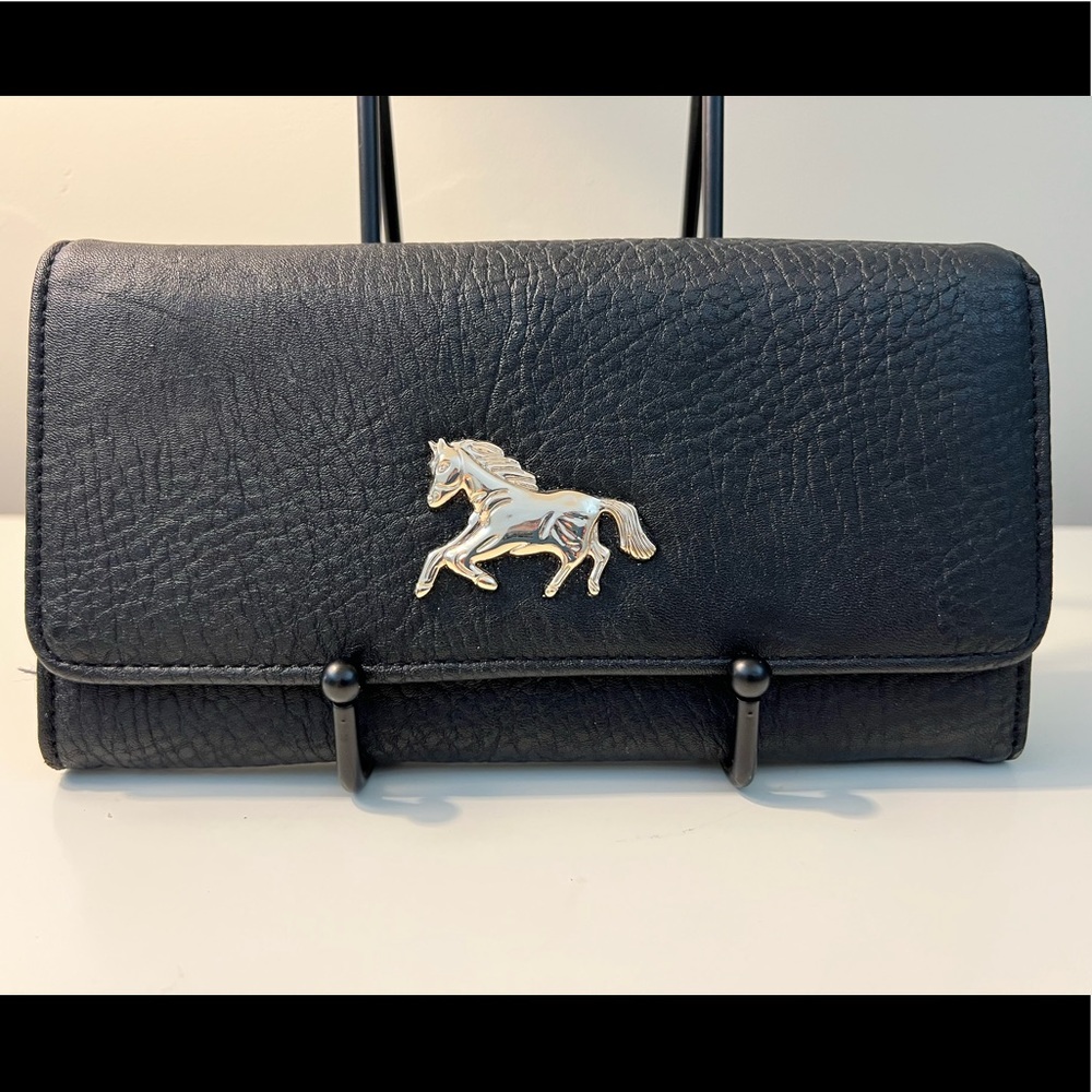Black wallet with a gold horse